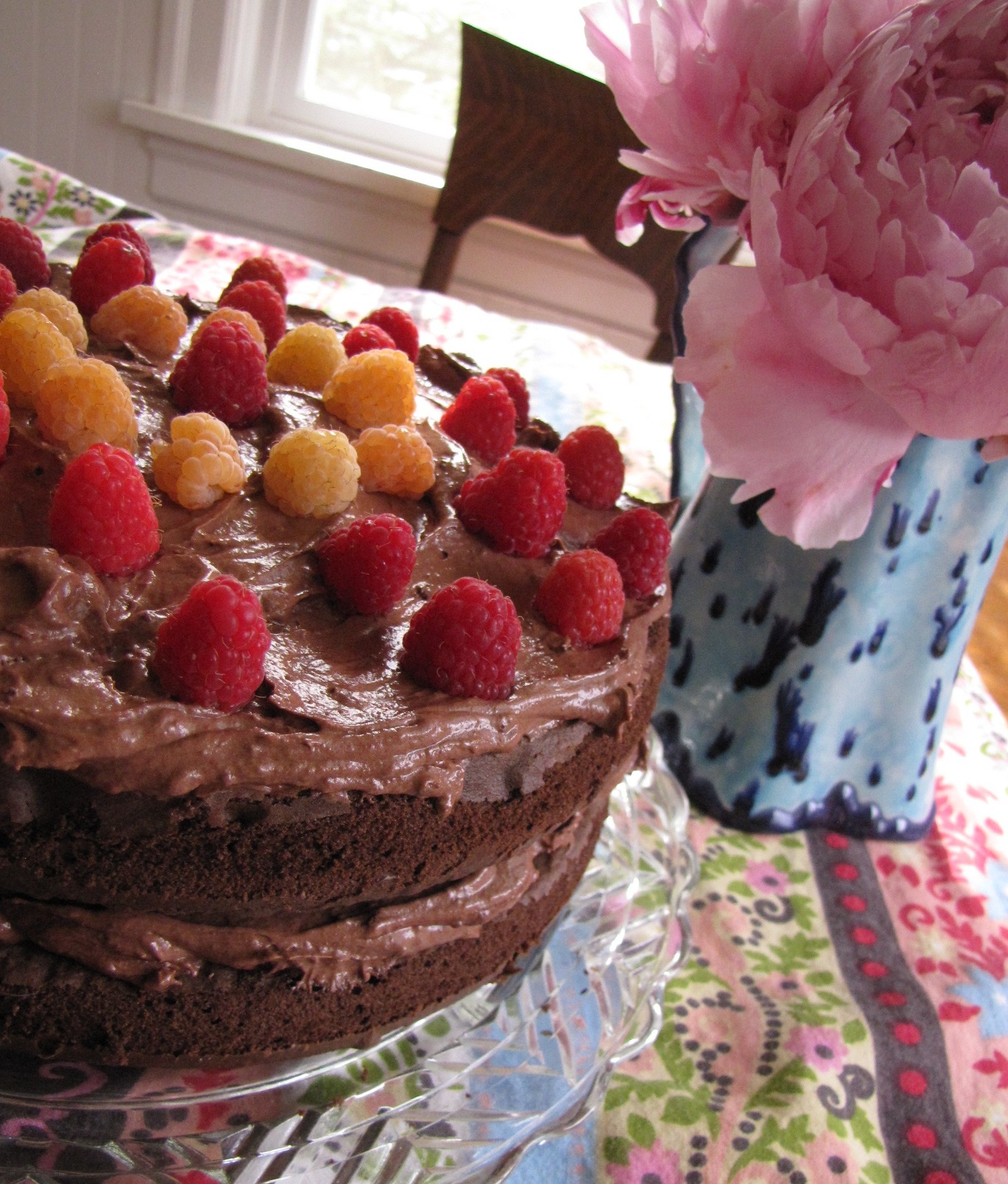 Dessert last night - chocolate cake with chocolate mousse and raspberries. 